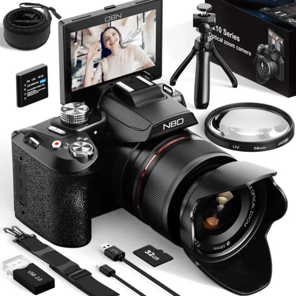 NBD 64MP Digital Cameras for Photography, 16X Optical Zoom Camera with WiFi & App Control,5K Camera with 180°Flipable Screen