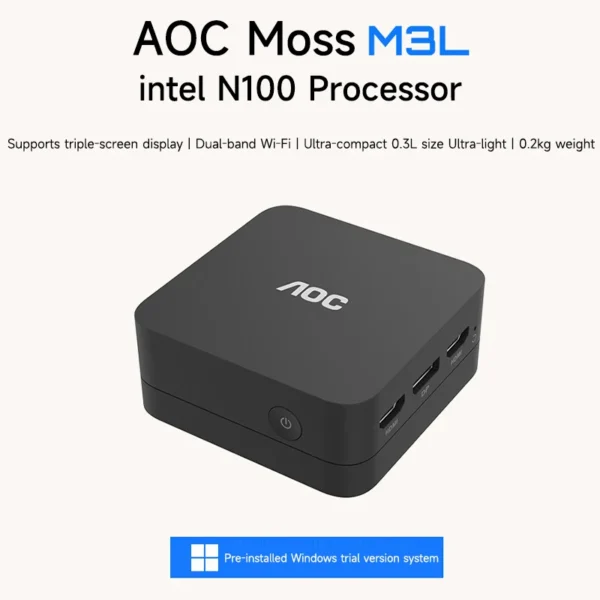 AOC Mini PC Moss M3L Portable Desktop Computer Intel N100 12GB 256GB All-in-one PC for Office Home Use Wall-Mountable Wifi