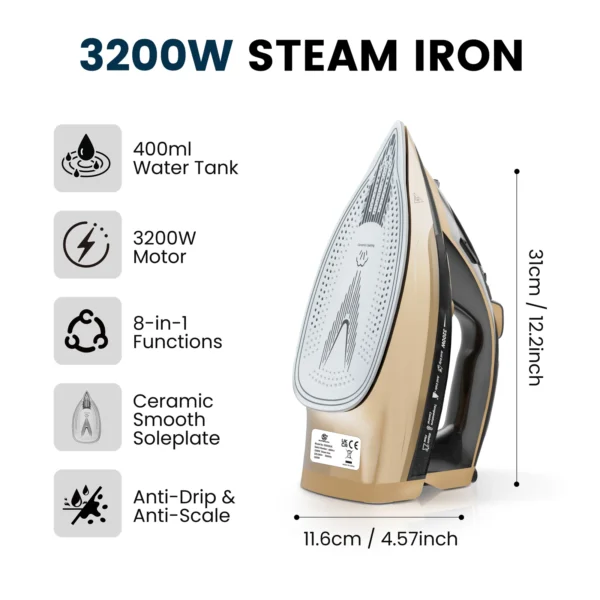 Superflex Steam Iron Handheld Iron Adjustable Thermostat Control Ironing Clothes Strong Powerful Ceramic Soleplate Ironing