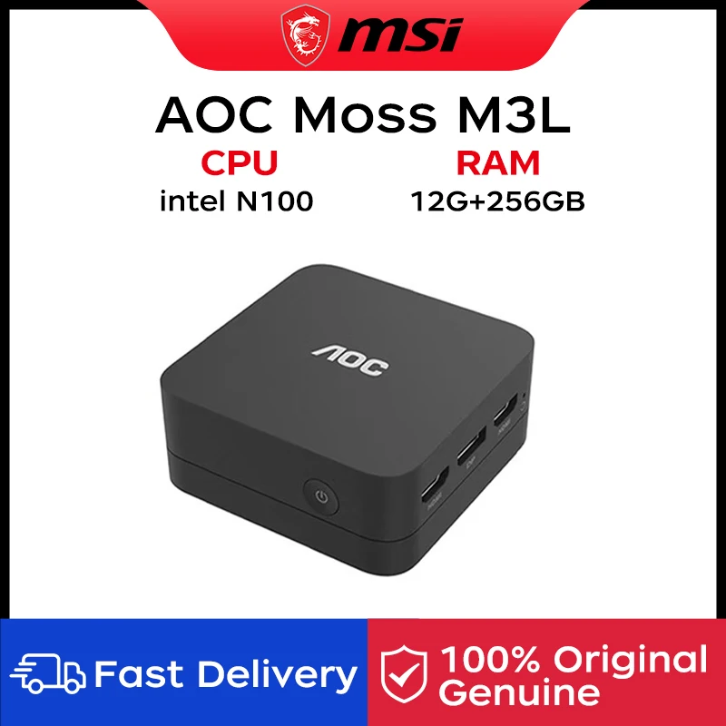 AOC Mini PC Moss M3L Portable Desktop Computer Intel N100 12GB 256GB All-in-one PC for Office Home Use Wall-Mountable Wifi