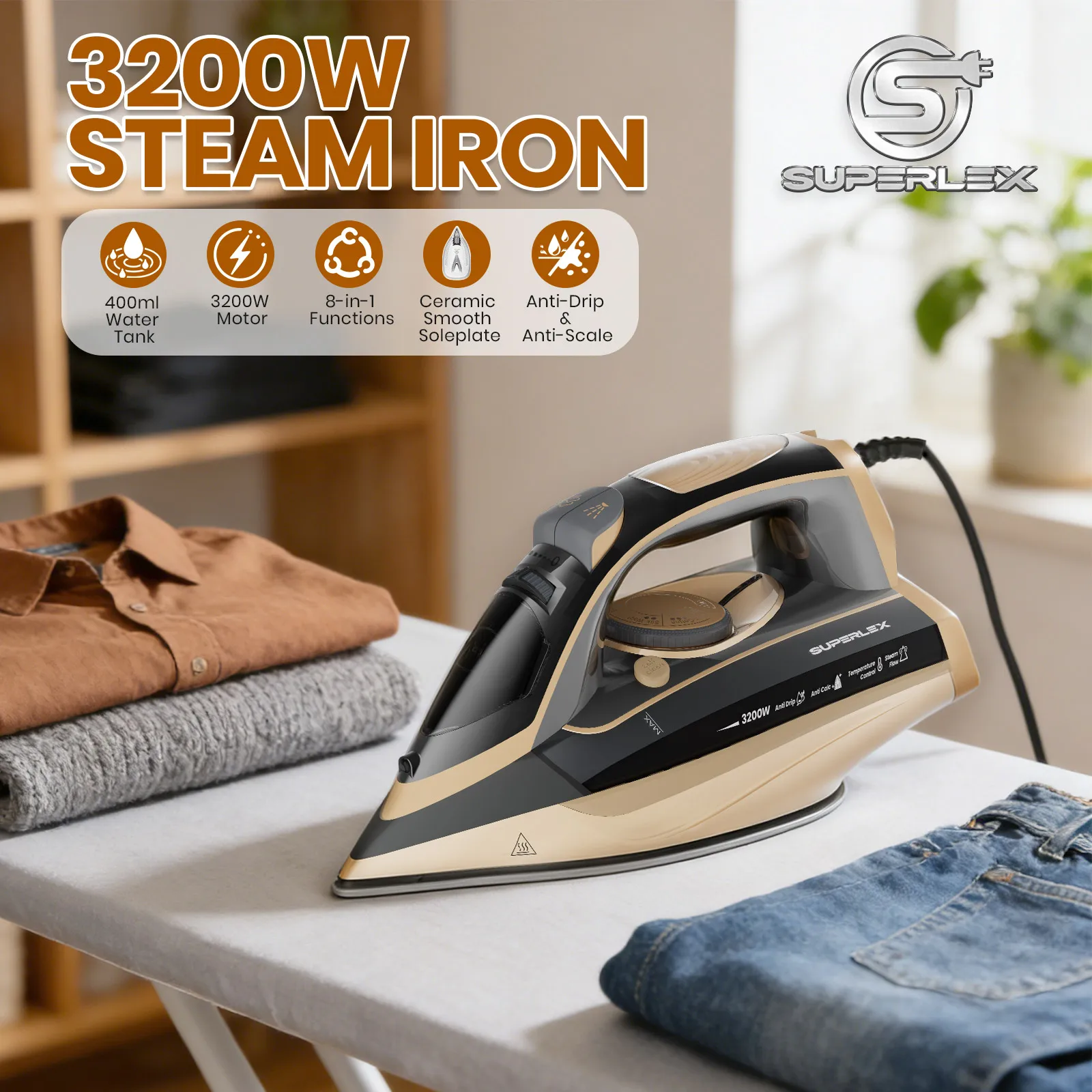 Superflex Steam Iron Handheld Iron Adjustable Thermostat Control Ironing Clothes Strong Powerful Ceramic Soleplate Ironing - Image 2