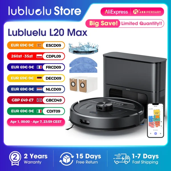 Lubluelu L20Max Self-Emptying 3-in-1 Robot Vacuum Mop – 6000Pa Suction LiDAR Navigation Large Dust Bag Hands-Free 120min Runtime