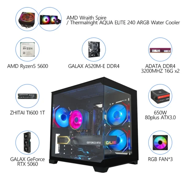 RSION Gaming PC AMD R5 5600 CPU RTX5060 32G RAM 1TB SSD Desktop Game Computer Sea View Room Assembled PC Gamer Full