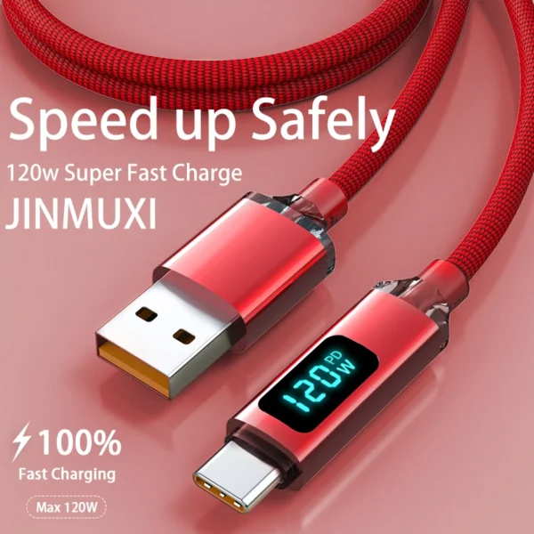 JINMUXI 120W USB A To Type C Super Fast Charging Cable Digital Display for Xiaomi Huawei Oppo OnePlus iPhone 15 16 Data Cable